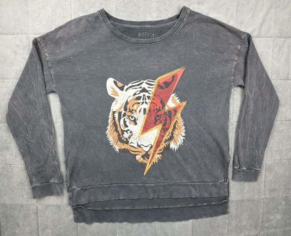 Vintage Canvas Tiger with Lightning Bolt Crew Neck Pullover Sweatshirt - Picture 2 of 9